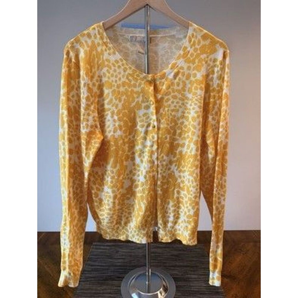 Banana Republic Womens XL Cardigan Yellow Animal Print 100% Cotton Button Front